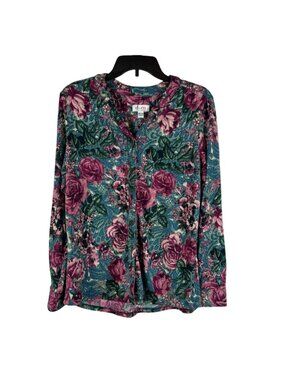 D&Co Womens Floral Long Sleeve Stretch Button-Down Shirt Blouse Size M